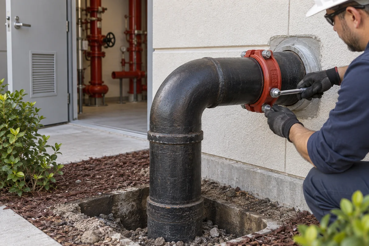 Gloved technician holding a wrench at a red mechanical coupling on a large dark fire-service pipe elbow entering a wall sleeve, with red riser piping visible through the doorway behind.