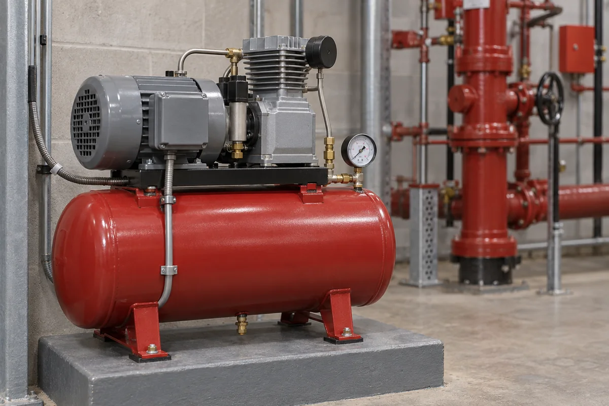 Gray electric motor and finned compressor head on a red horizontal receiver tank anchored to a raised base, with gauge and tubing and a red fire sprinkler riser behind it.