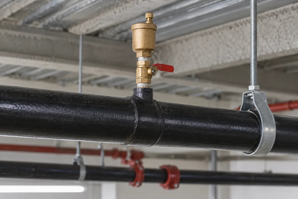 Upright brass automatic air vent and red-handled isolation valve at the top of black wet fire sprinkler piping, with steel support near an unfinished ceiling.