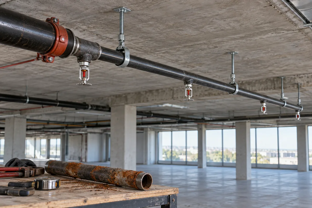 Steel fire sprinkler branch piping with pendent heads and overhead supports in an empty commercial interior, with a removed corroded pipe on a workbench.
