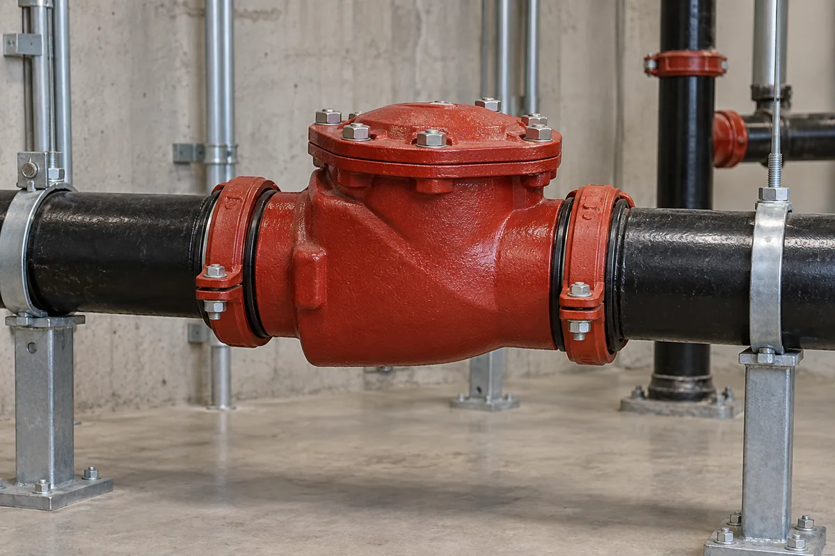 Red check valve with a bolted top cover and grooved connections in supported horizontal black steel fire-protection piping.