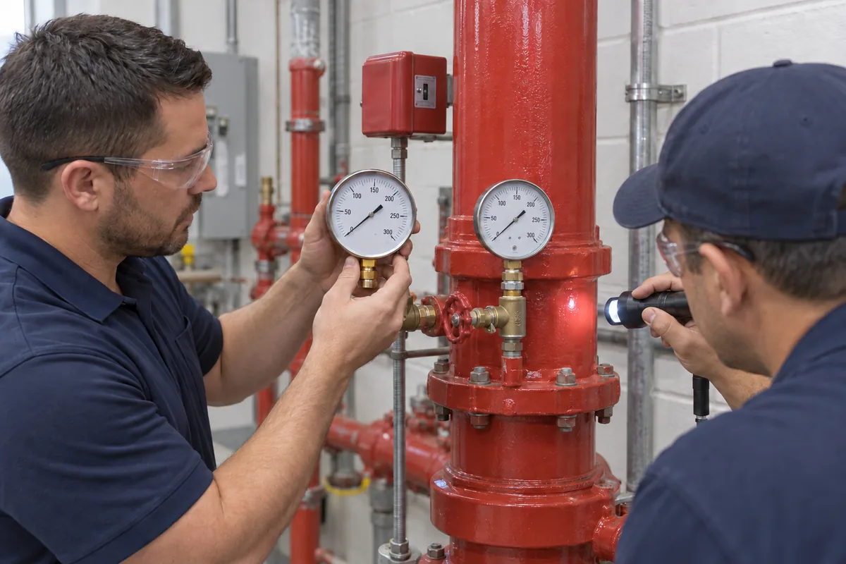 Navy-clad technician holding a new round pressure gauge beside an installed gauge on a red sprinkler riser while a second technician uses a flashlight near the brass gauge valve.
