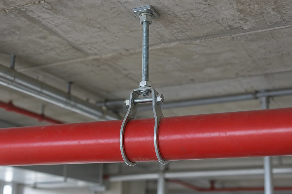 Galvanized clevis hanger supporting a horizontal red steel fire sprinkler pipe, with a vertical threaded rod attached to the concrete ceiling above.
