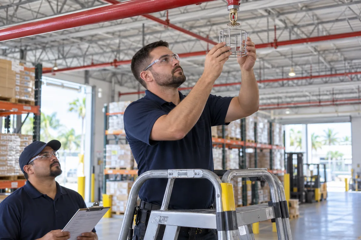 Navy-clad technician on a platform ladder holding a separate wire cage guard near an intact pendent fire sprinkler head beneath red piping while another worker holds a clipboard.