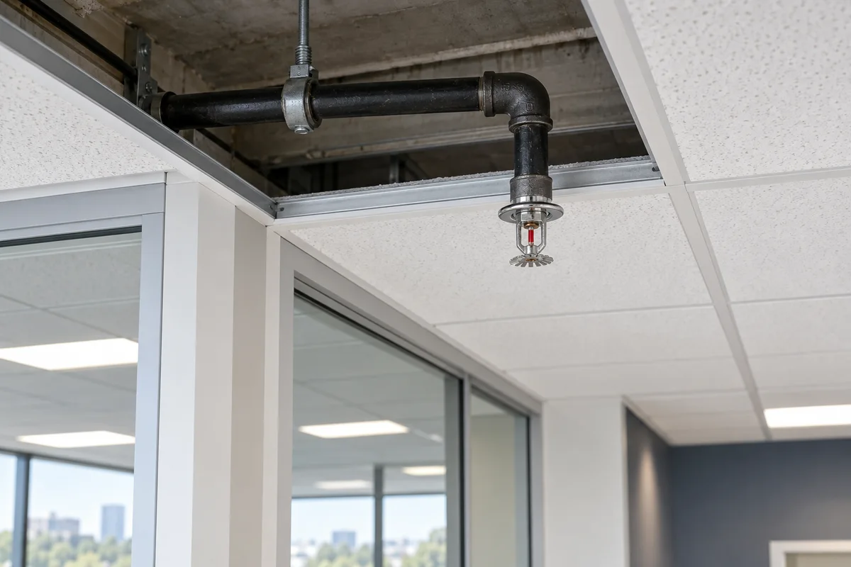 Supported short black fire sprinkler arm-over and pendent drop beside a new partition above an open ceiling grid; no people present.