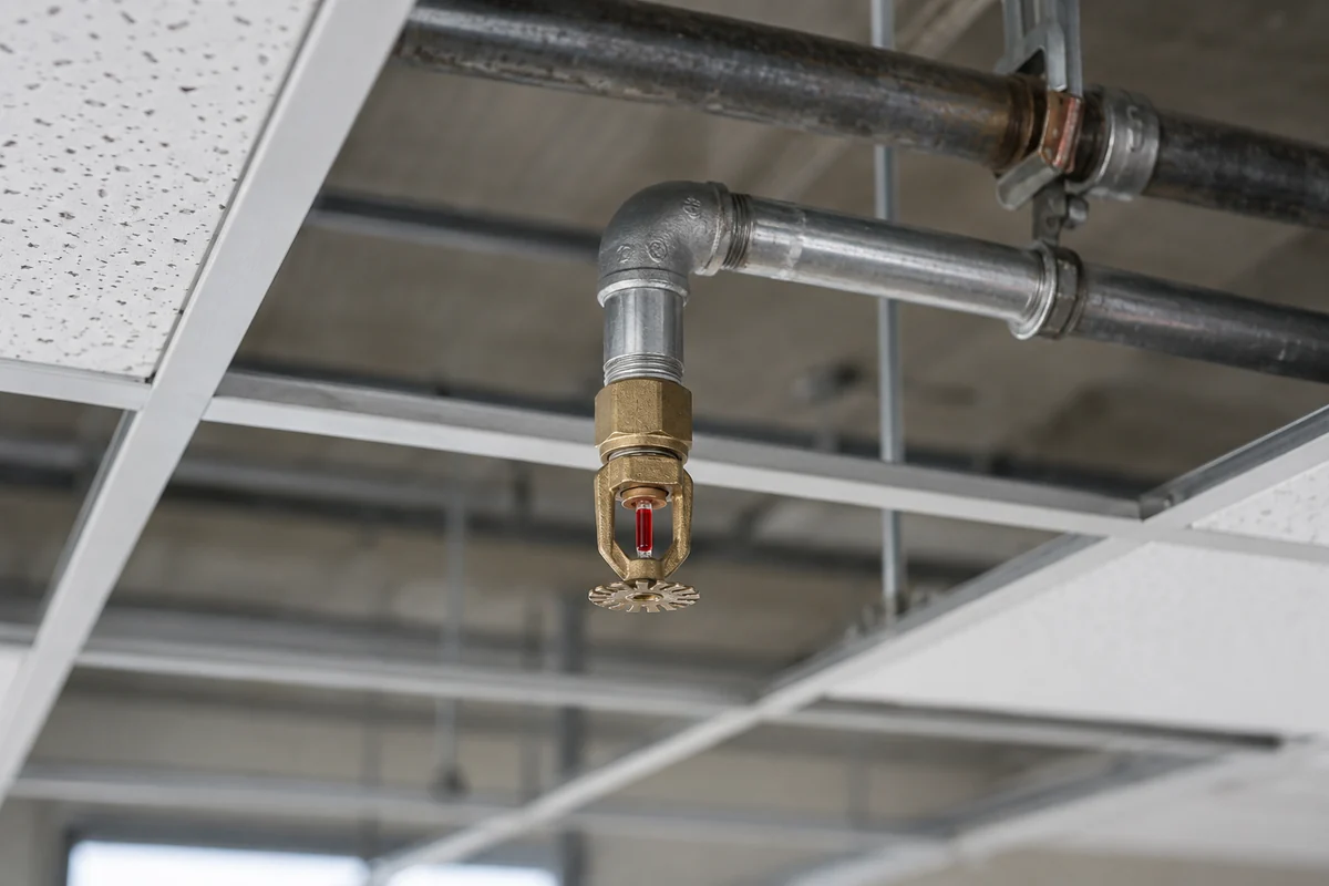 Brass pendent fire sprinkler with red bulb and downward deflector connected to a short offset steel pipe above an open ceiling grid.