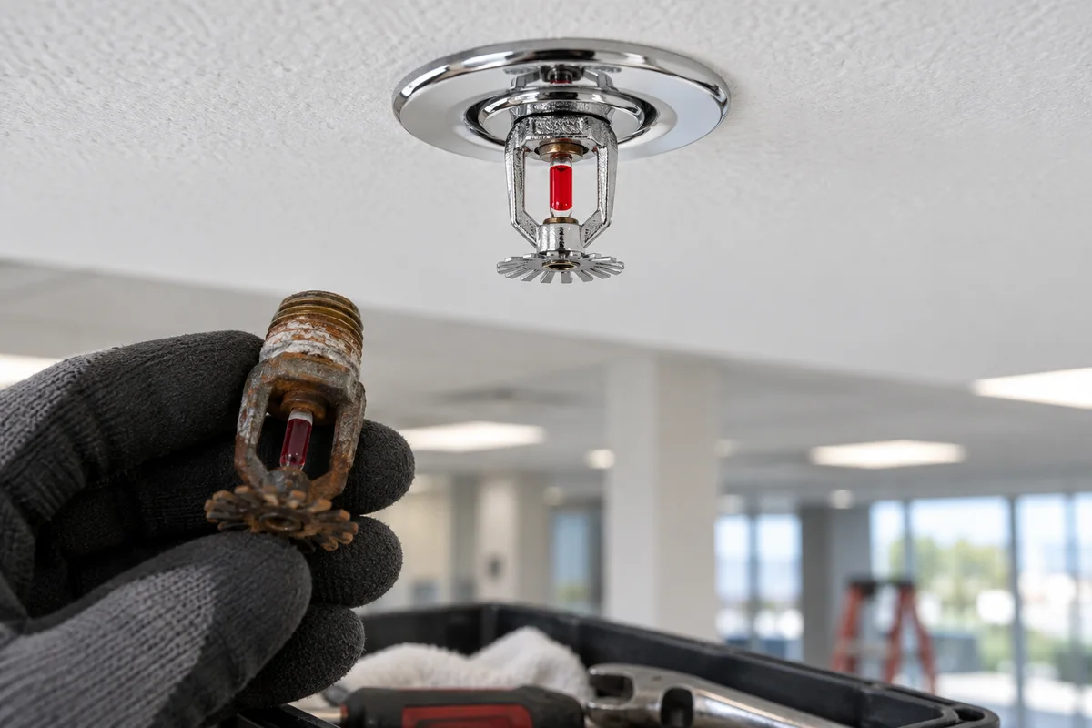 Installed chrome pendent fire sprinkler with red glass bulb at the ceiling, while a gloved hand holds a removed corroded sprinkler above a tray below; no contact with the installed sprinkler.