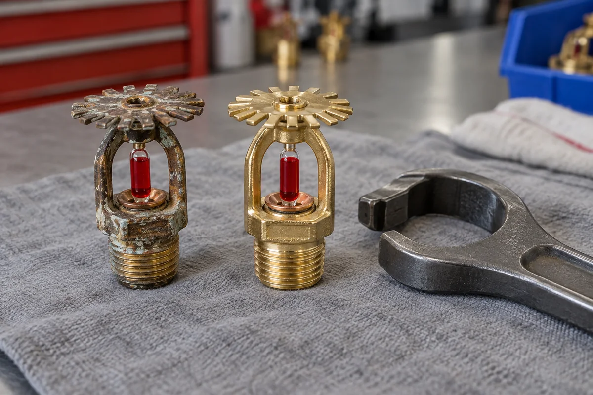 One corroded and one clean brass fire sprinkler head standing separately on gray cloth, with red glass bulbs, circular deflectors, and a metal wrench beside them.