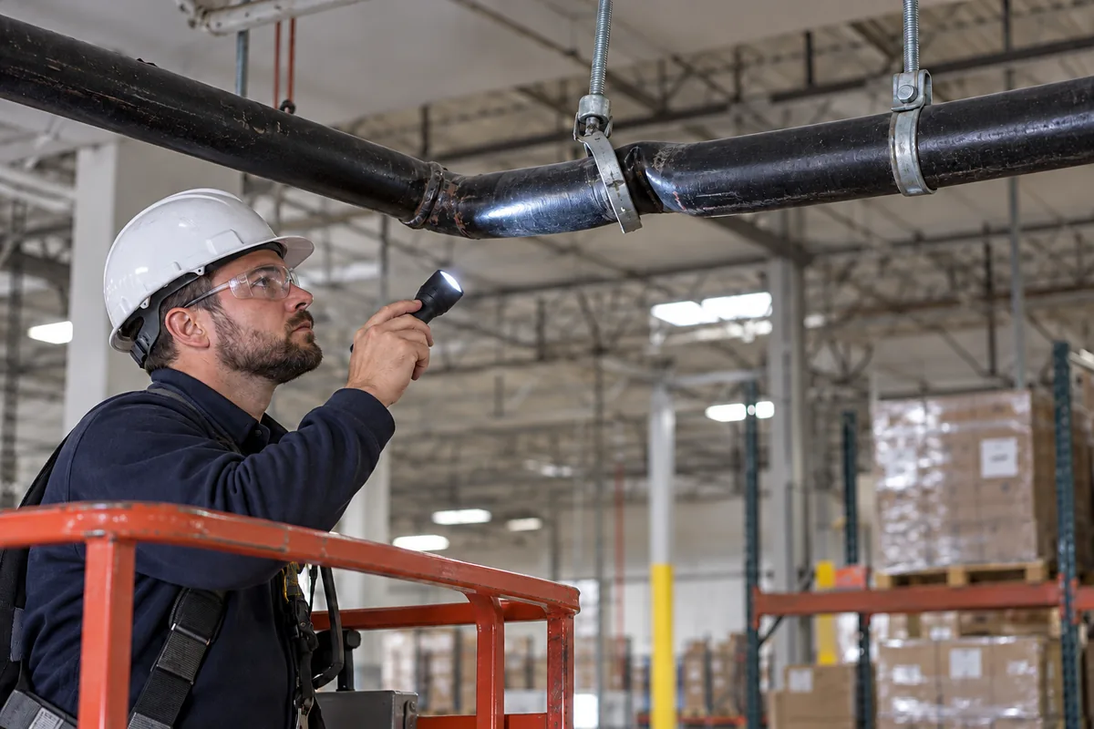 Bent black fire sprinkler piping with a displaced hanger while a technician in a guarded lift uses a flashlight to examine the affected run.