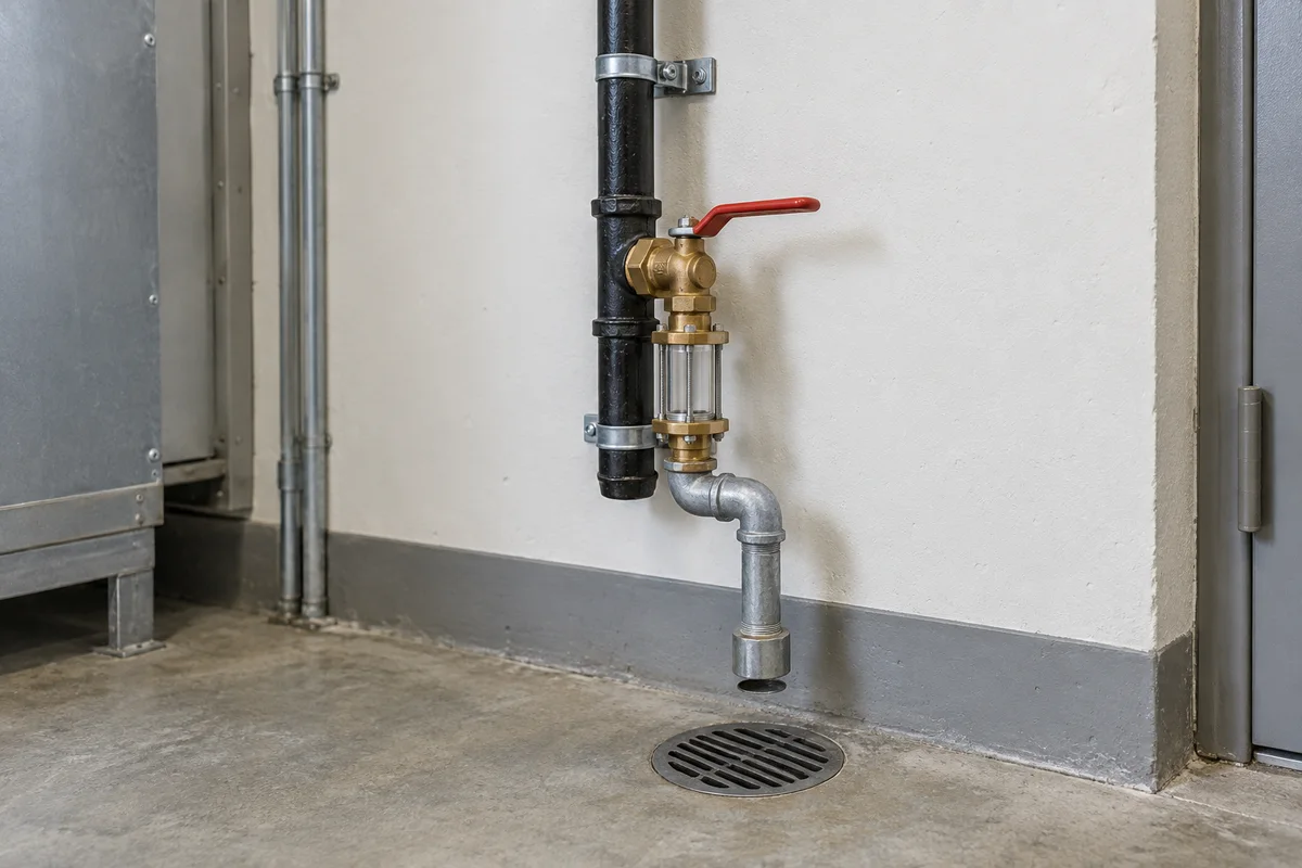 Black fire sprinkler pipe descending a utility wall with a red-handled brass inspector's test valve, transparent sight-glass section and drain piping terminating with an air gap above a floor drain on a dry floor.