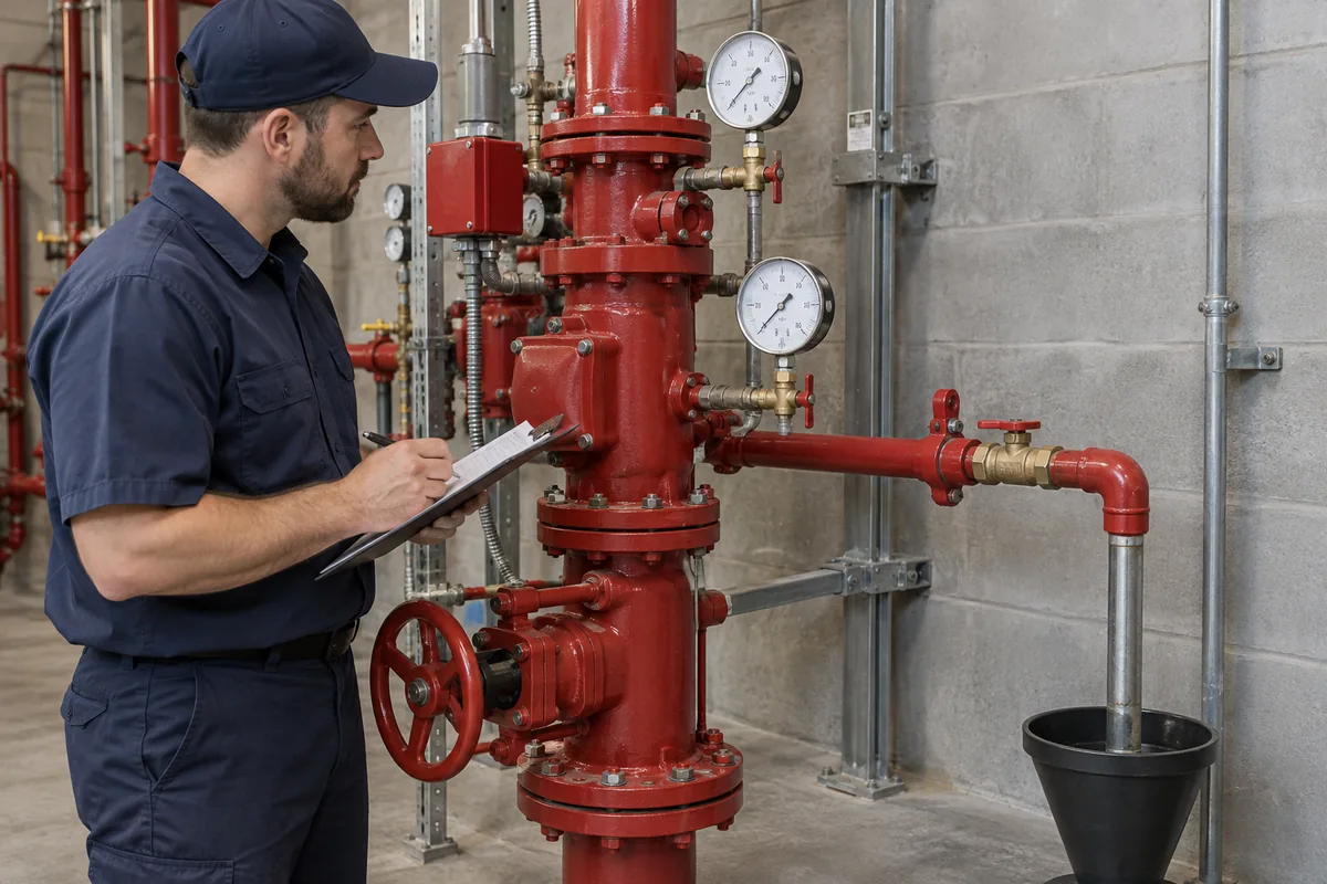 Technician holding a clipboard beside a red fire sprinkler riser with two pressure gauges, a main-drain branch and downward discharge piping.