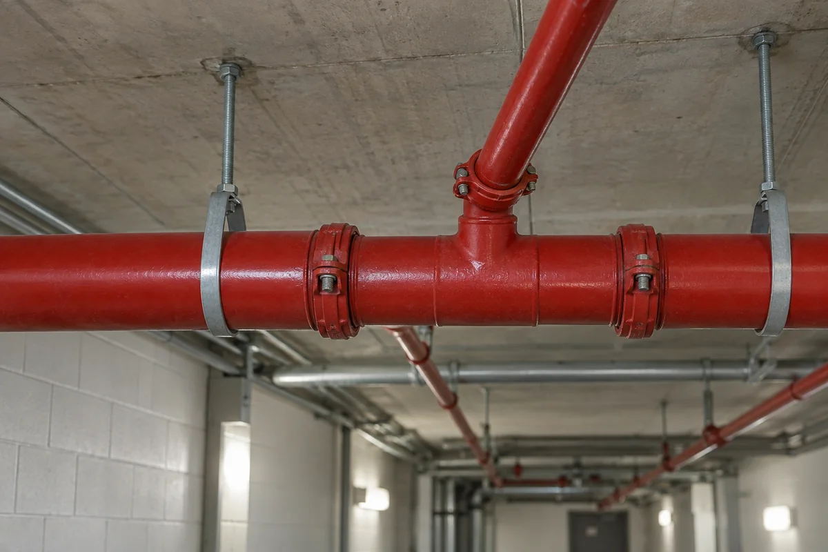 Horizontal red steel fire sprinkler main with bolted grooved couplings, a tee feeding a smaller branch line, and metal hangers attached to a concrete ceiling.