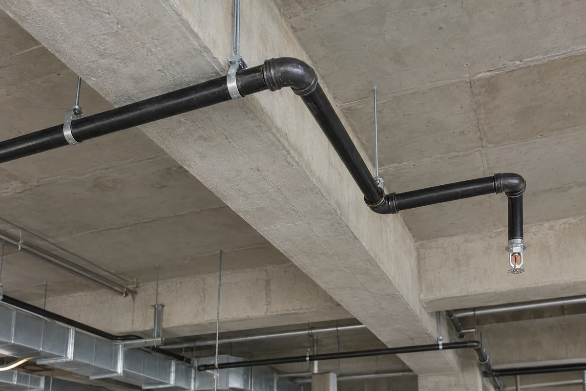 Black steel fire sprinkler piping offset beneath a concrete beam with elbow fittings, hangers and a pendent fire sprinkler.
