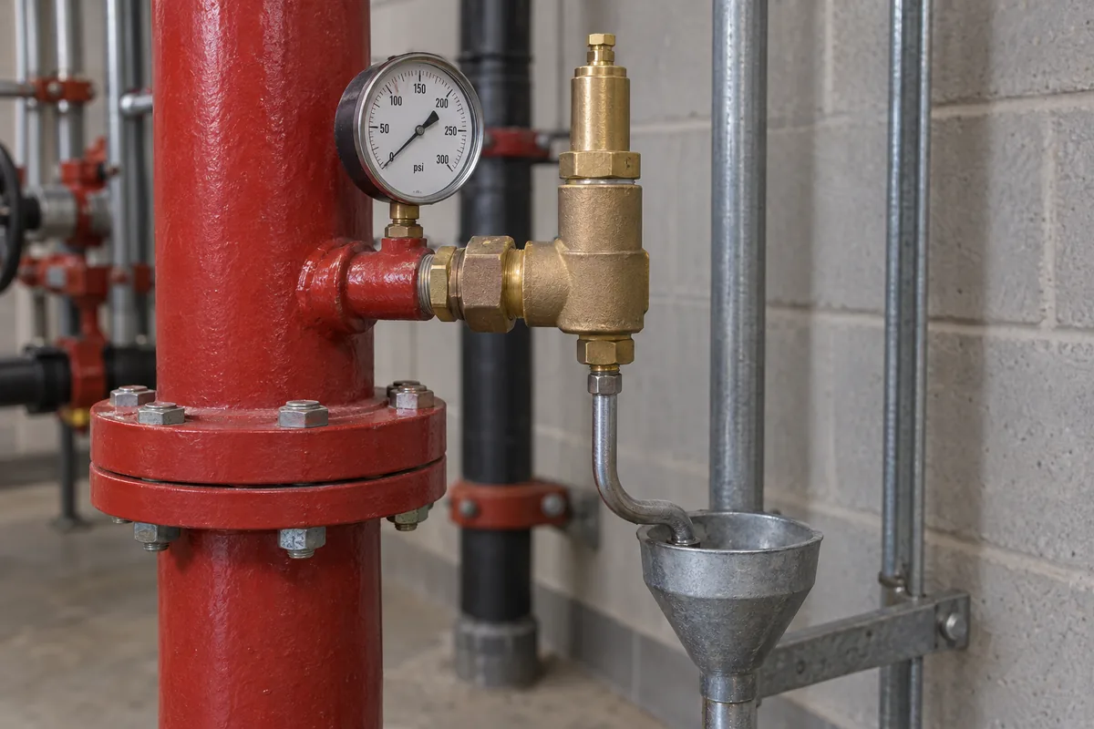 brass pressure relief valve on red sprinkler riser with adjacent gauge and downward discharge tubing to a drain receptor.