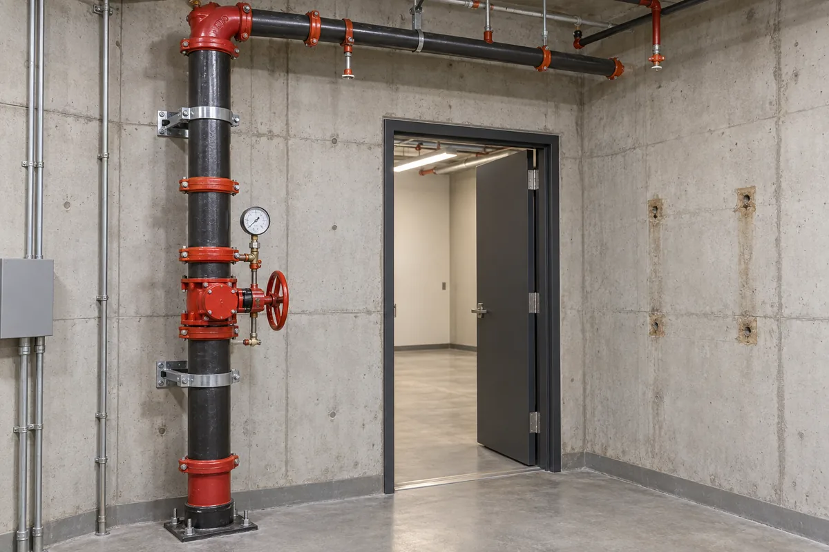 Vertical steel fire sprinkler riser with a red control valve and pressure gauge beside a doorway, overhead distribution piping, and old mounting marks on the adjacent concrete wall.