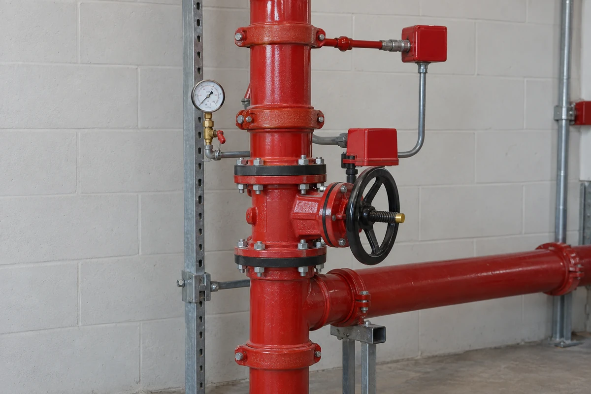 Red vertical fire sprinkler riser with bolted connections, black handwheel valve, pressure gauge and red monitoring enclosures.