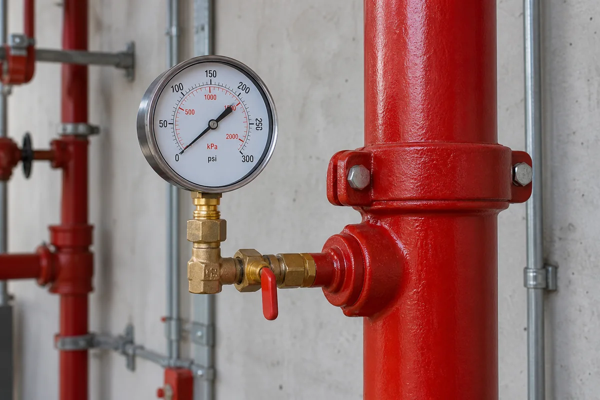 Analog pressure gauge with brass fittings and a red-handled valve mounted on red steel fire sprinkler riser piping against a concrete wall.