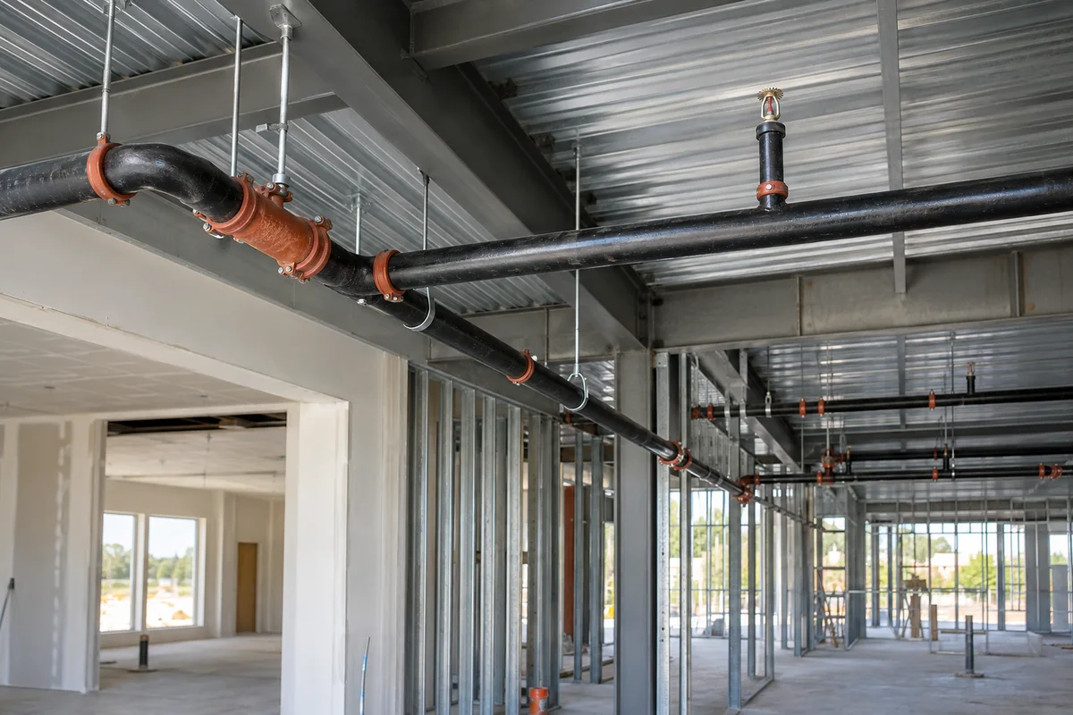 Overhead black steel fire sprinkler piping with orange grooved couplings, supported below a metal ceiling, upright sprinklers, and unfinished metal-stud partitions next to an existing finished area.