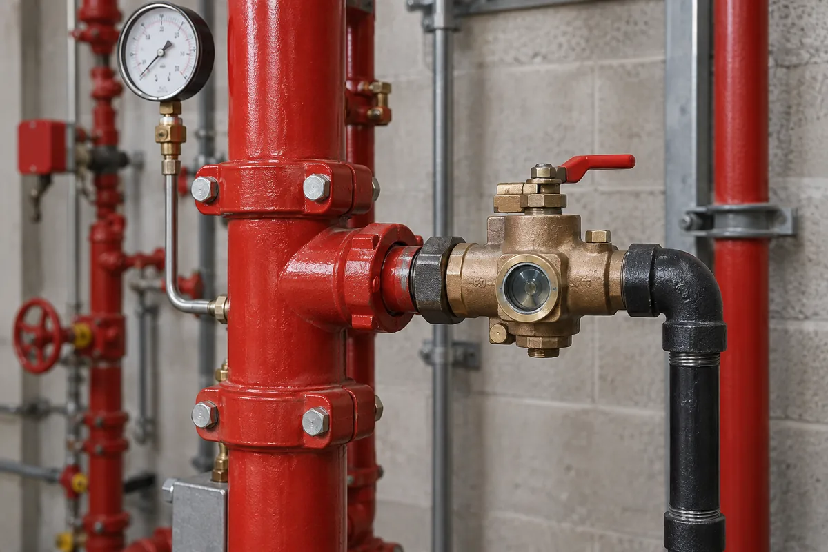 bronze valve with red operating lever and round sight glass on a red sprinkler riser branch, black drain piping and adjacent pressure gauge.