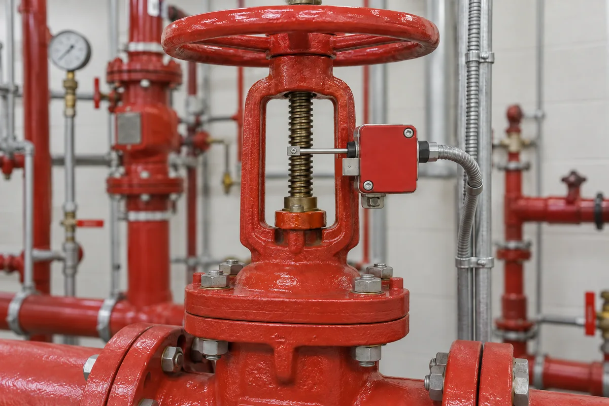 Red OS&Y fire sprinkler control valve with handwheel and threaded stem, small red supervisory switch mounted beside the stem with its actuator touching the stem, and metal conduit in a riser room.