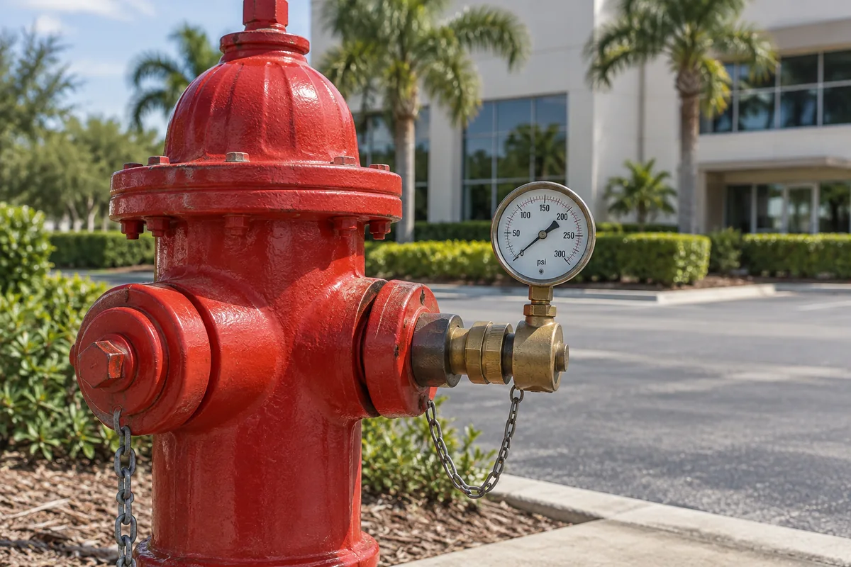 Red commercial fire hydrant with an analog pressure gauge connected to a brass side outlet fitting, with a commercial building and palm landscaping in the background.
