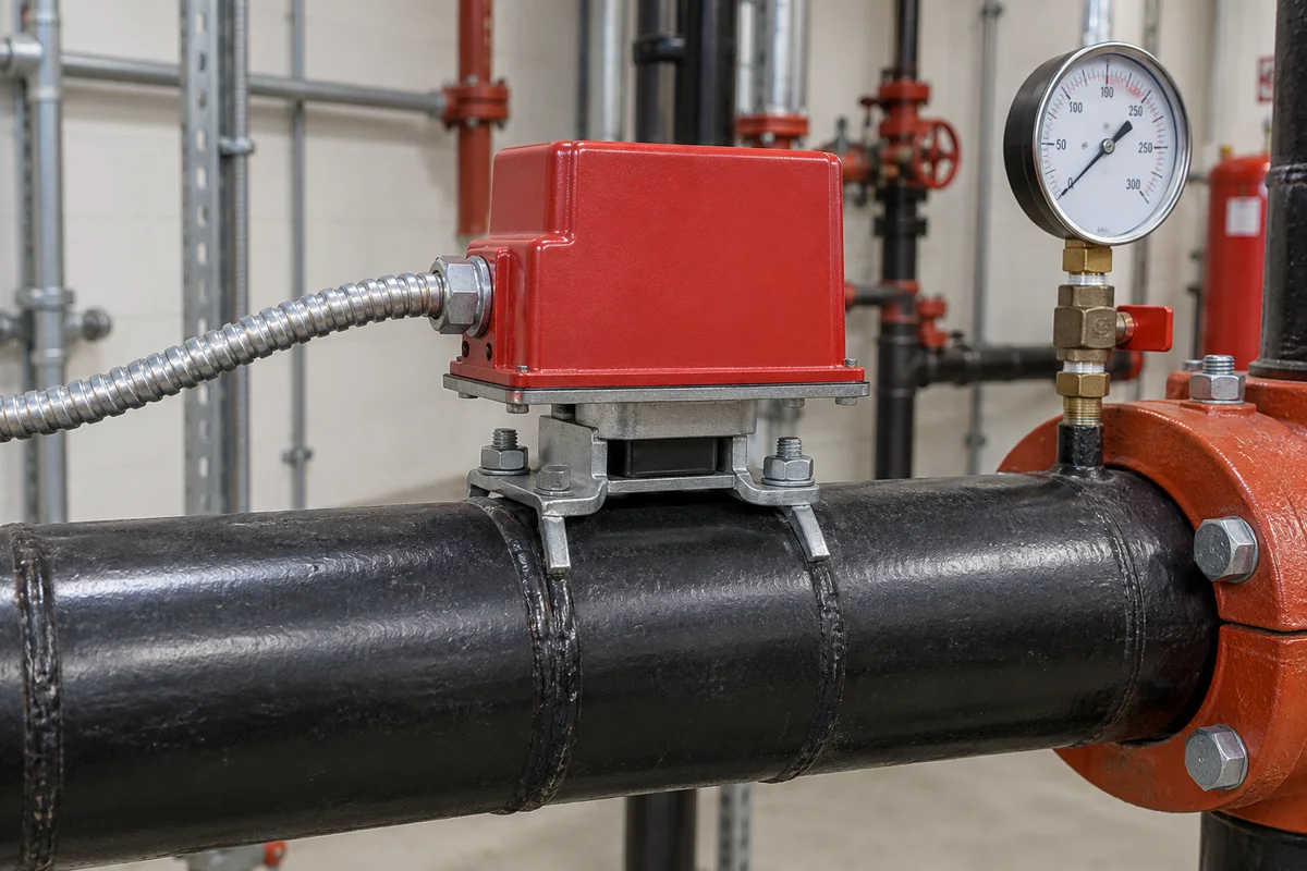 Closed red rectangular waterflow switch housing saddle-mounted on horizontal black steel fire sprinkler pipe, with metal conduit and a nearby pressure gauge in a mechanical room.