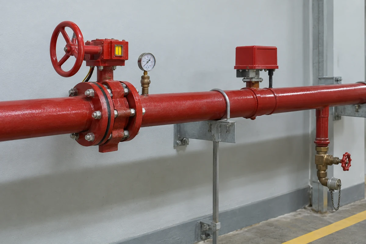 Horizontal red fire sprinkler assembly with gear-operated control valve, pressure gauge, monitoring housing and capped drain branch.