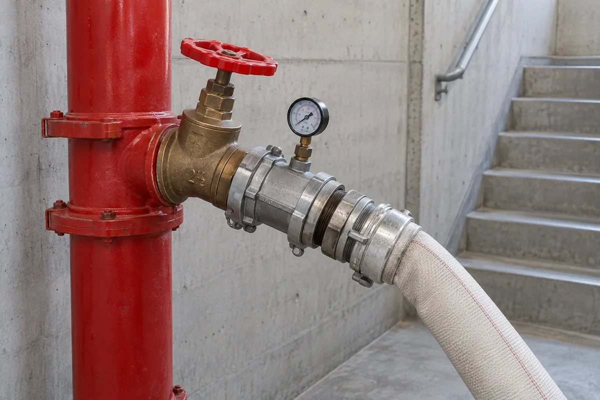 Fire standpipe hose valve connected to a pressure-gauge adapter and fire hose in a concrete stairwell.