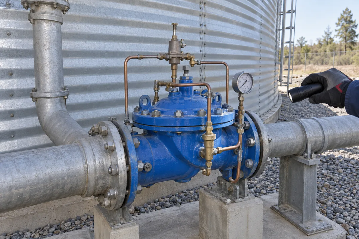 Blue pilot-operated diaphragm fill valve with copper pilot lines, pressure gauge and flanged connections beside a water tank while a technician illuminates the assembly with a flashlight.