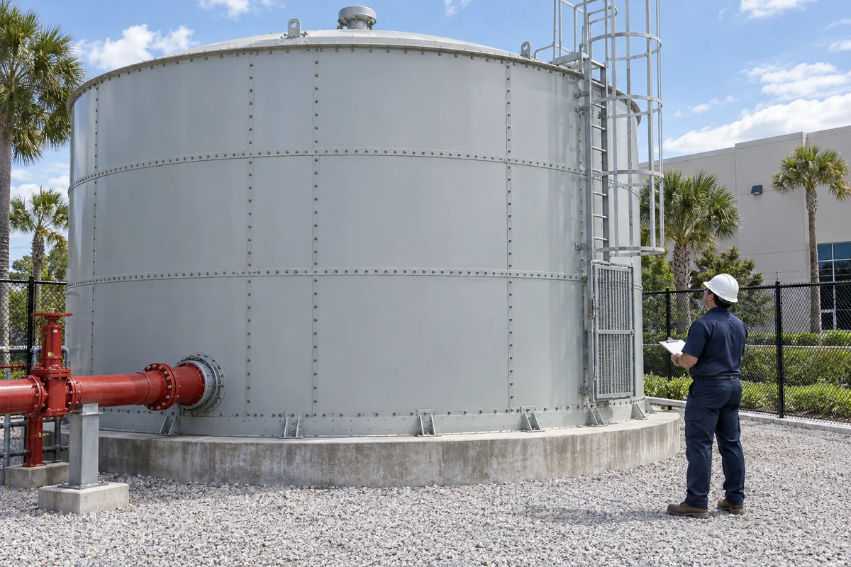 Large aboveground gray bolted steel water tank with red supply piping, caged ladder and closed lower access gate, with a technician holding a clipboard beside a commercial building.
