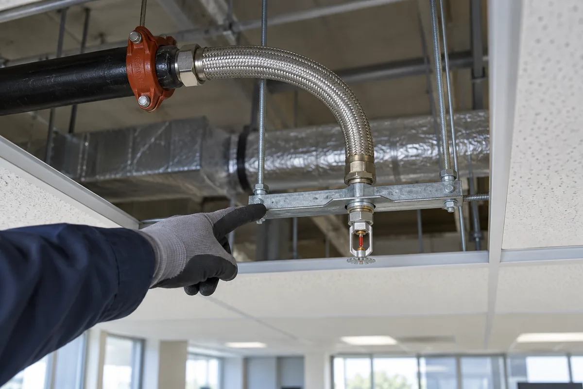 braided stainless-steel flexible sprinkler hose curves from black branch connection to metal ceiling support bracket with pendent sprinkler above an open suspended ceiling; a gloved technician hand points at the bracket.
