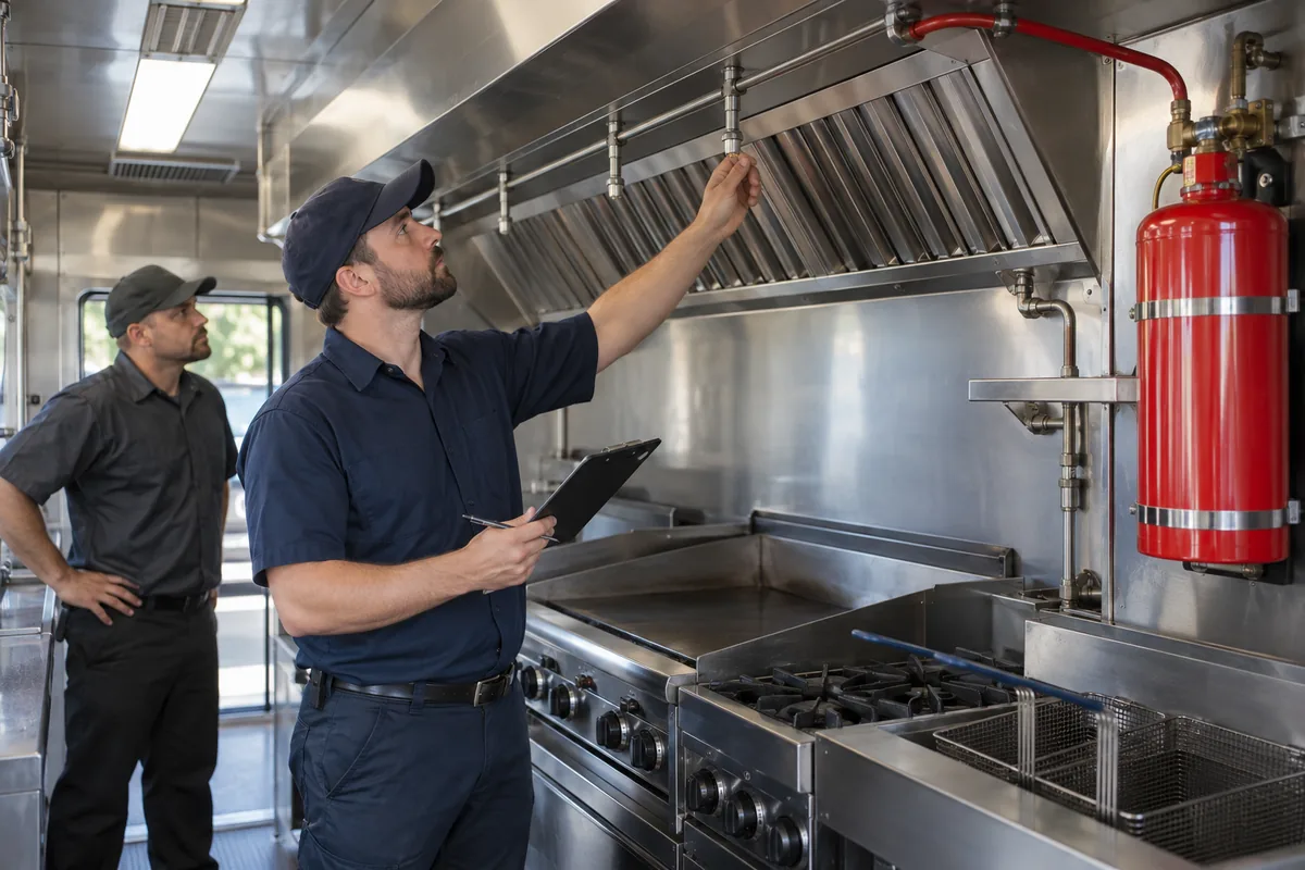 Navy-clad technician with a clipboard checking a hood-mounted fire suppression nozzle inside a stainless food truck kitchen while another worker observes; a red wall-mounted cylinder and cookline are visible.