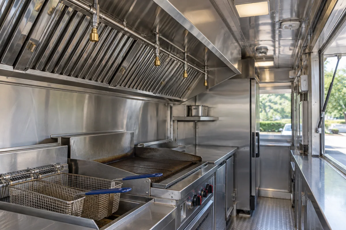 Fire suppression nozzles beneath a stainless hood over a fryer and griddle inside a narrow food truck.