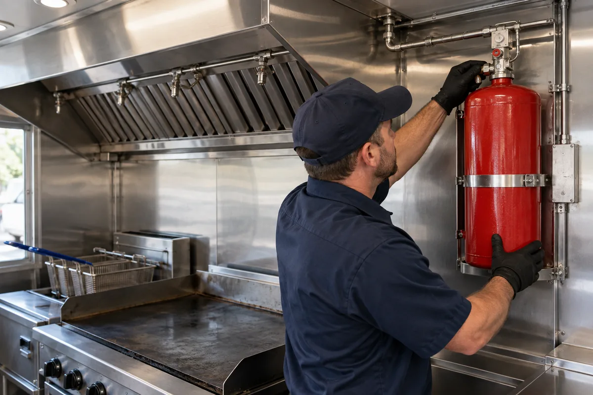 Navy-clad technician checking a red wall-mounted wet-chemical fire suppression cylinder and restraint bracket inside a stainless food truck kitchen.