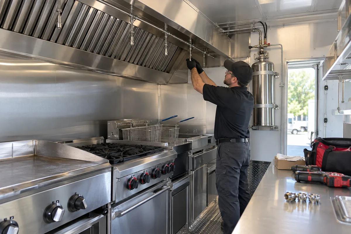 Technician adjusting fire suppression piping and nozzles above a changed cooking line inside a stainless food truck kitchen, with a wall-mounted cylinder visible.