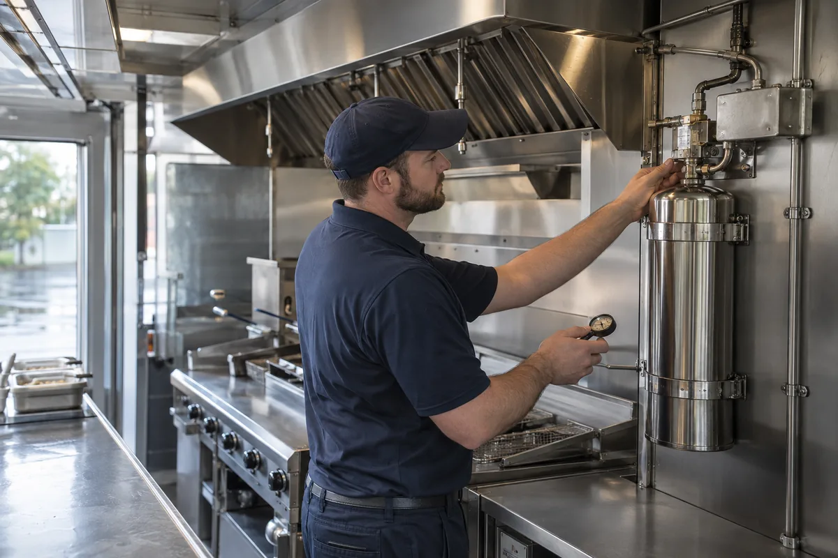 Navy-clad technician checking the fitting of a wall-mounted silver fire suppression cylinder near hood piping inside a stainless food truck kitchen while holding a hand gauge.