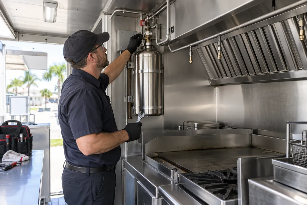 Technician checking a wall-mounted wet-chemical fire suppression cylinder and metal distribution piping beneath a stainless food truck hood while holding a wrench.