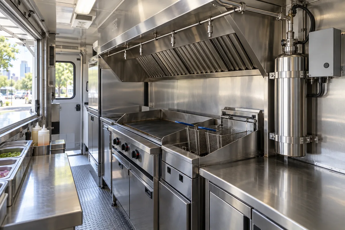 Compact stainless food-truck kitchen with a hood, griddle, fryer, overhead fire suppression piping and nozzles, and a bracket-mounted stainless agent cylinder beside the hood.