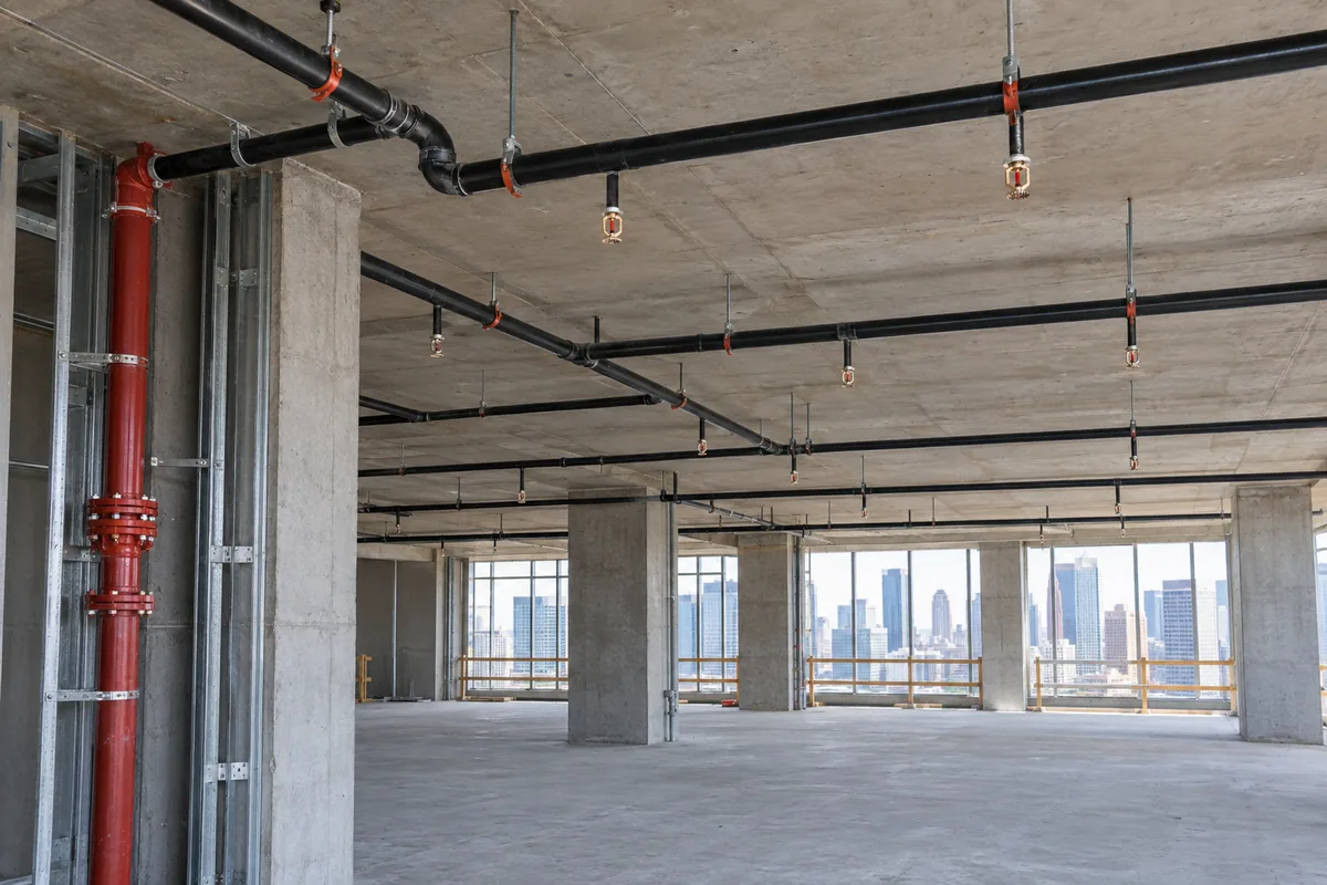 unfinished concrete high-rise floor, suspended black sprinkler pipes with pendant heads, red vertical riser near framed service shaft, distant city windows