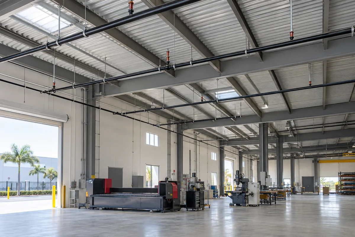 industrial workshop with stationary fabrication machines, overhead black steel fire sprinkler piping with upright sprinkler heads beneath a metal roof.