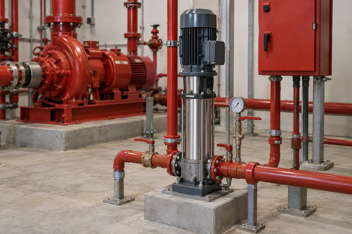 Compact vertical stainless-steel multistage jockey pump with dark top motor on a bolted concrete-pad base, lower red piping, isolation valves and round gauge, with a larger red pump and closed red cabinet behind.