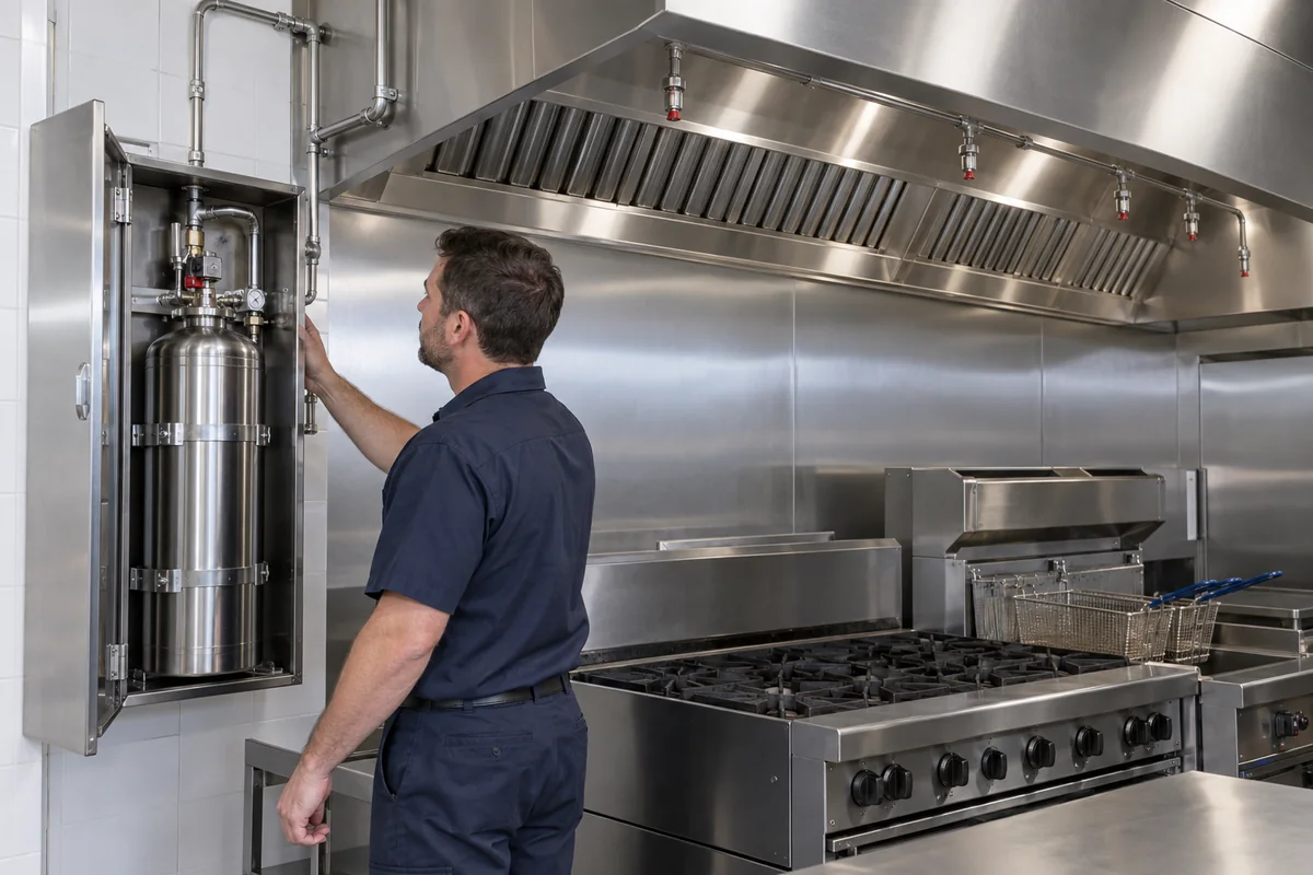 Technician beside an open stainless cabinet containing a secured stainless wet-chemical cylinder and connected metal piping, with hood suppression nozzles over an inactive range and fryer.