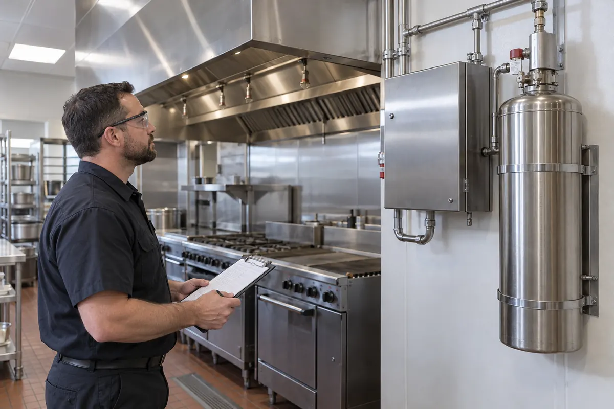 Technician with clipboard viewing a closed fire suppression control box and wall-mounted stainless fire suppression cylinder beside a commercial kitchen hood and cookline.