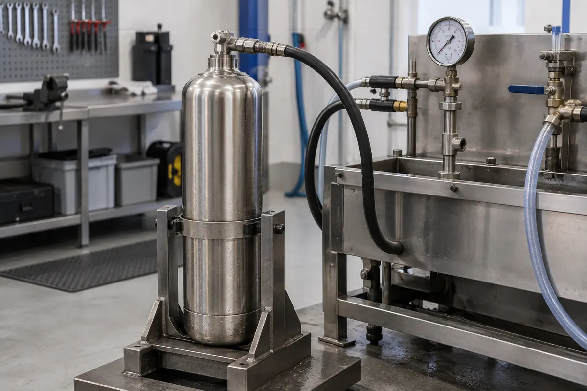 Stainless kitchen fire suppression cylinder secured upright in a metal cradle with a hose connected to a workshop test bench pressure gauge.