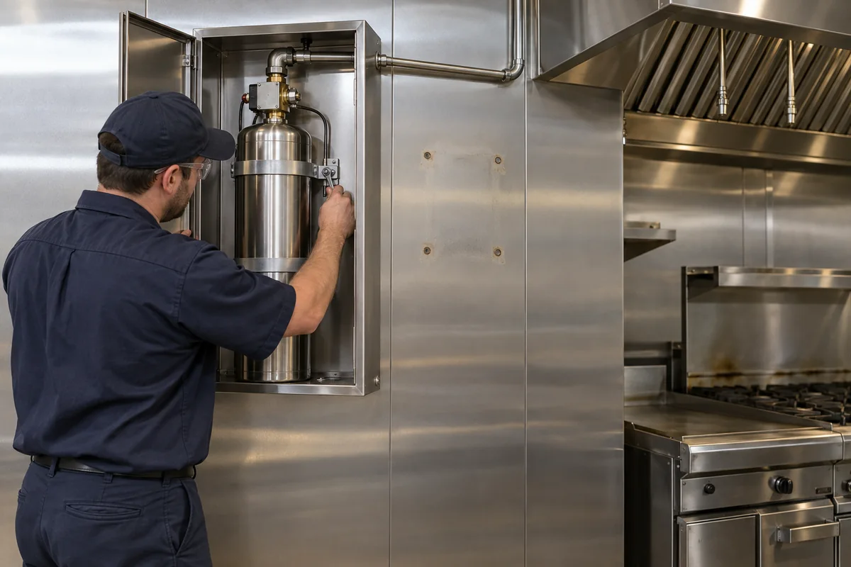 Technician checking the mounting strap of an upright stainless kitchen fire suppression cylinder in an open wall cabinet, with connected piping toward the hood, former mounting holes on the adjacent panel and an inactive cook line.