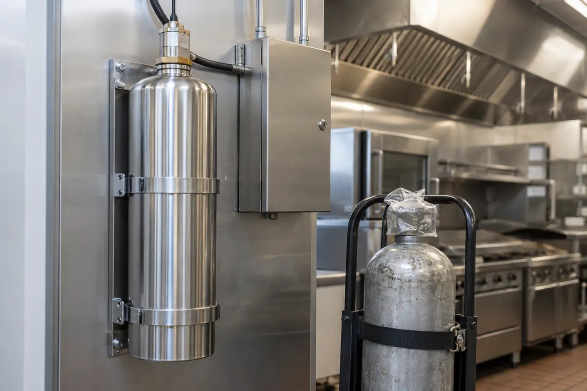 Wall-mounted stainless fire suppression cylinder and control box beside an older disconnected vessel secured in a transport cradle, with a kitchen hood in the background.