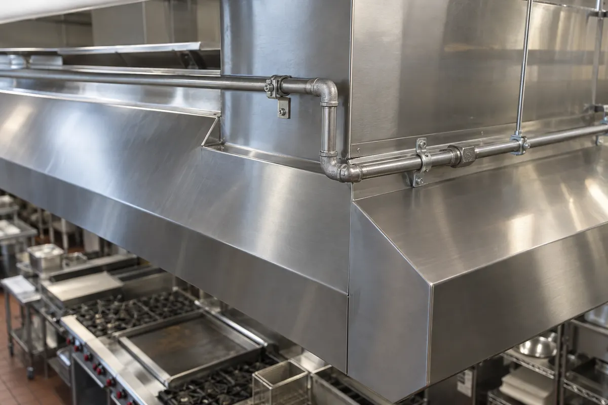Metal kitchen fire suppression piping with threaded elbows and supports following the offset of a stainless commercial kitchen hood above cooking equipment.