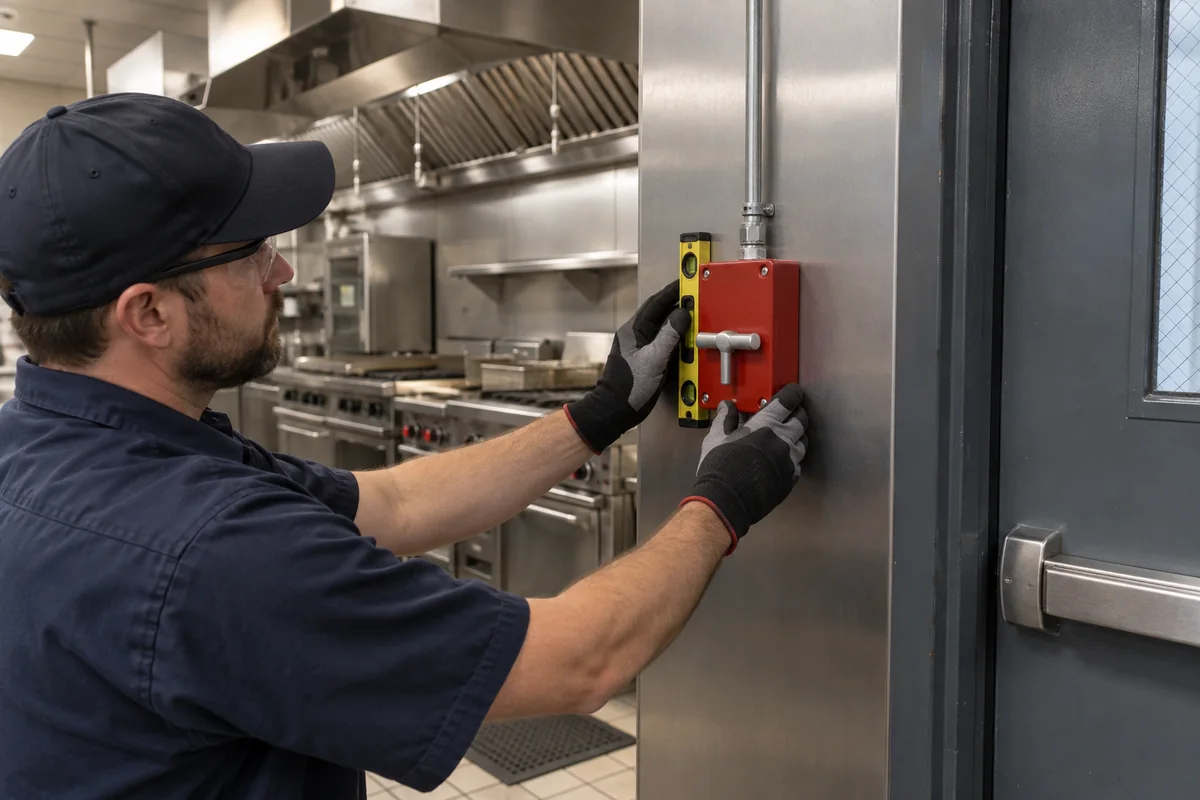 Technician using a small level on a red mechanical T-handle kitchen fire suppression pull box beside a kitchen exit, with metal conduit rising from the box and an inactive cooking hood behind.