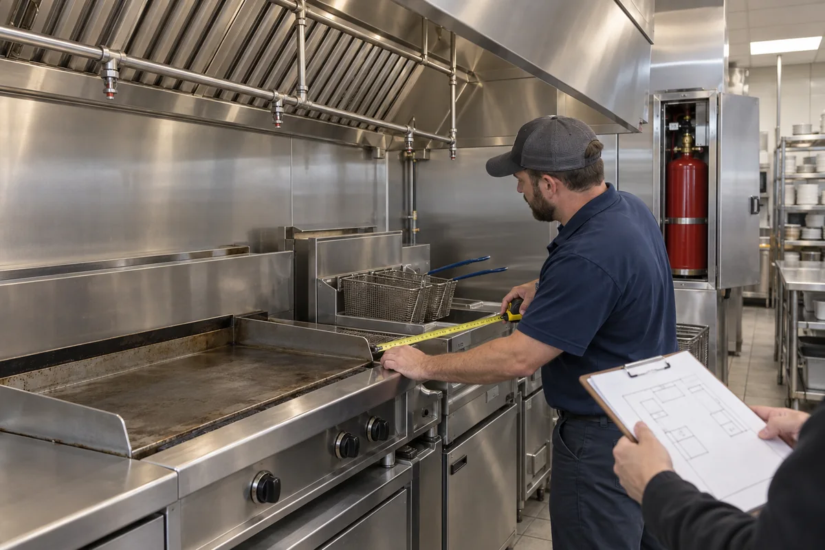 Technician measuring cook-line appliances beneath fire suppression nozzles while a colleague holds a layout sheet, with a red cylinder cabinet behind and an inactive fryer and griddle below.