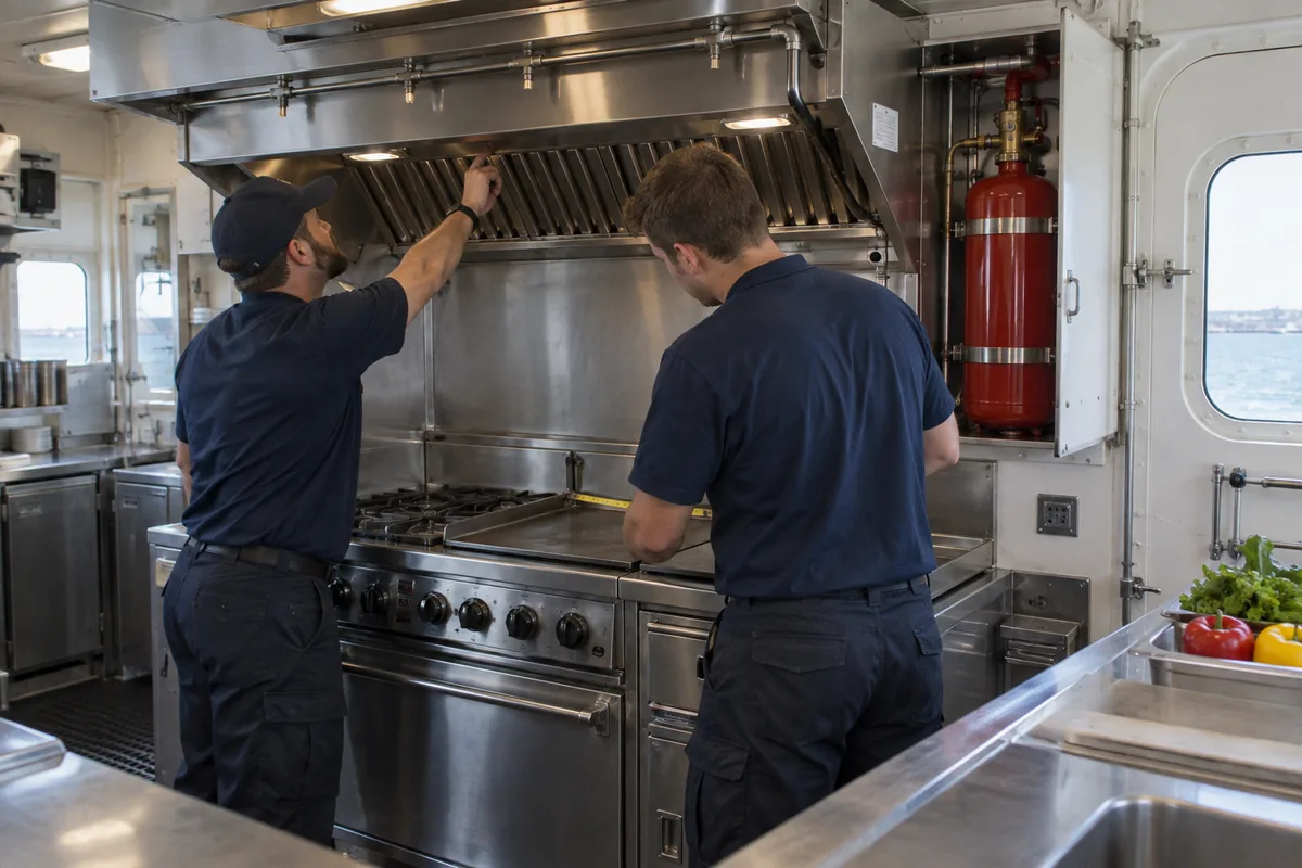 Two navy-clad technicians inspecting the hood and cookline in a compact stainless vessel galley with a range and exhaust hood; a red suppression cylinder is mounted in an adjacent cabinet.